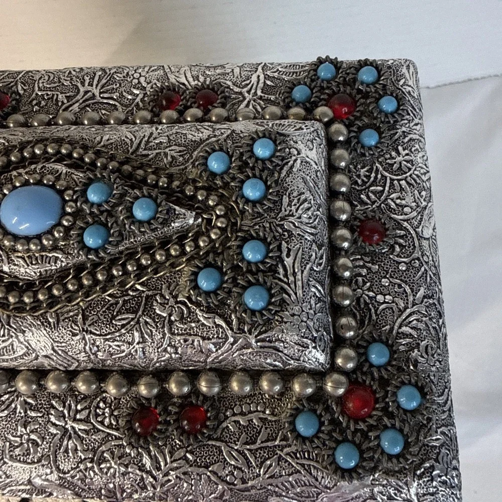 Vtg. 1970s Decorative Handmade Silver Tone Jewelry Box Turquoise Ruby Pearl Bead